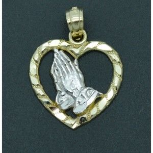 Real 10K Solid Yellow Gold Praying Hands With Heart Shiny Pendant